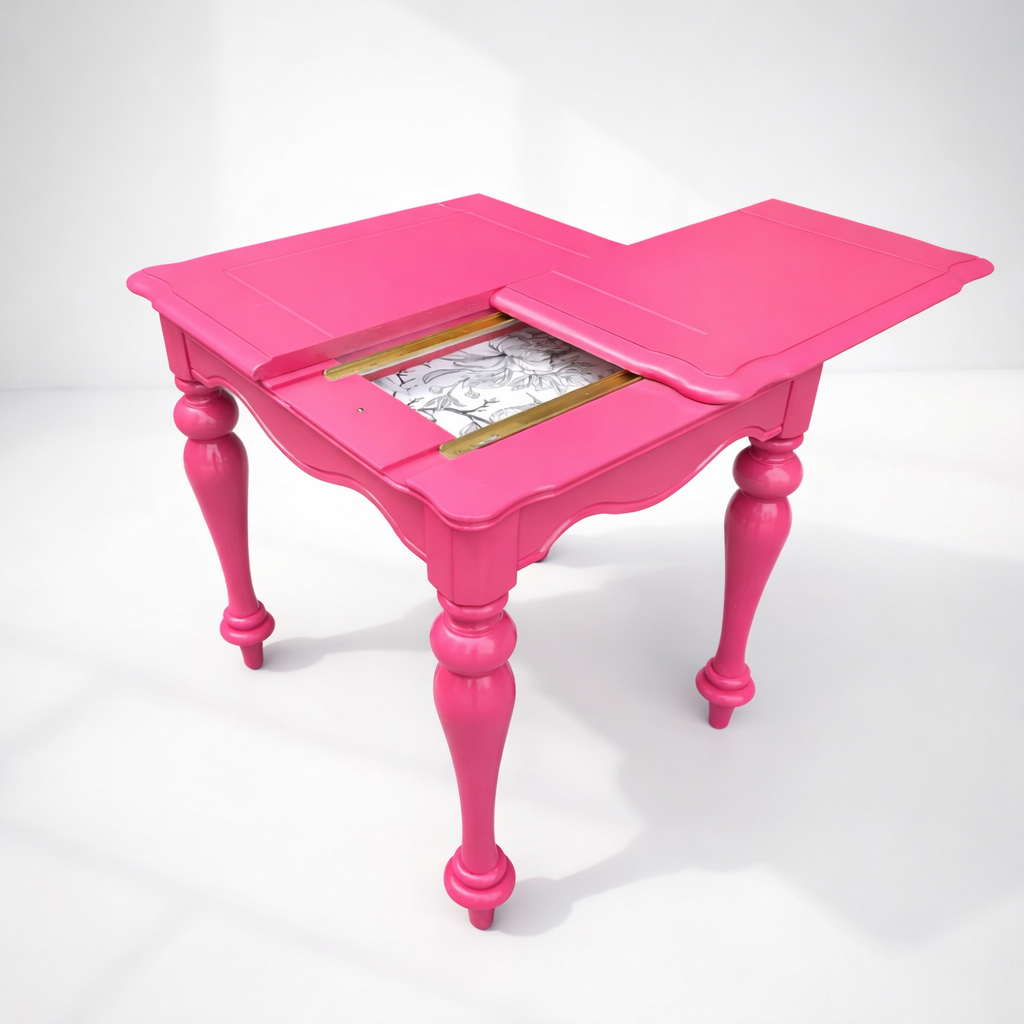 Meet Chloe - an expertly hand finished high gloss Peony Pink parlor table (accent table) with hidden storage