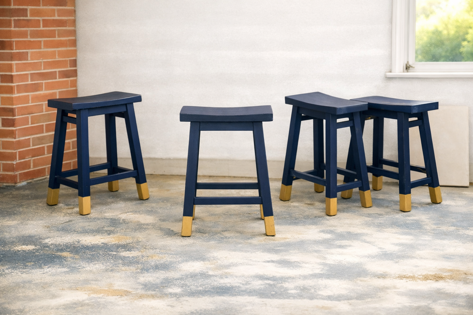Expertly refinished- Set of 4 solid wood counter height stools – Hale Navy + gold dipped legs